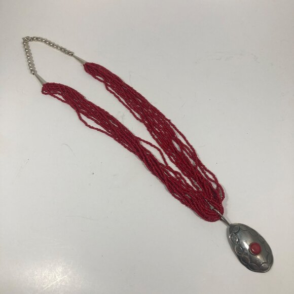 Artisian Red Seed Bead Necklace Boho Statement Silver Tone Pendant Southwestern - Picture 4 of 7
